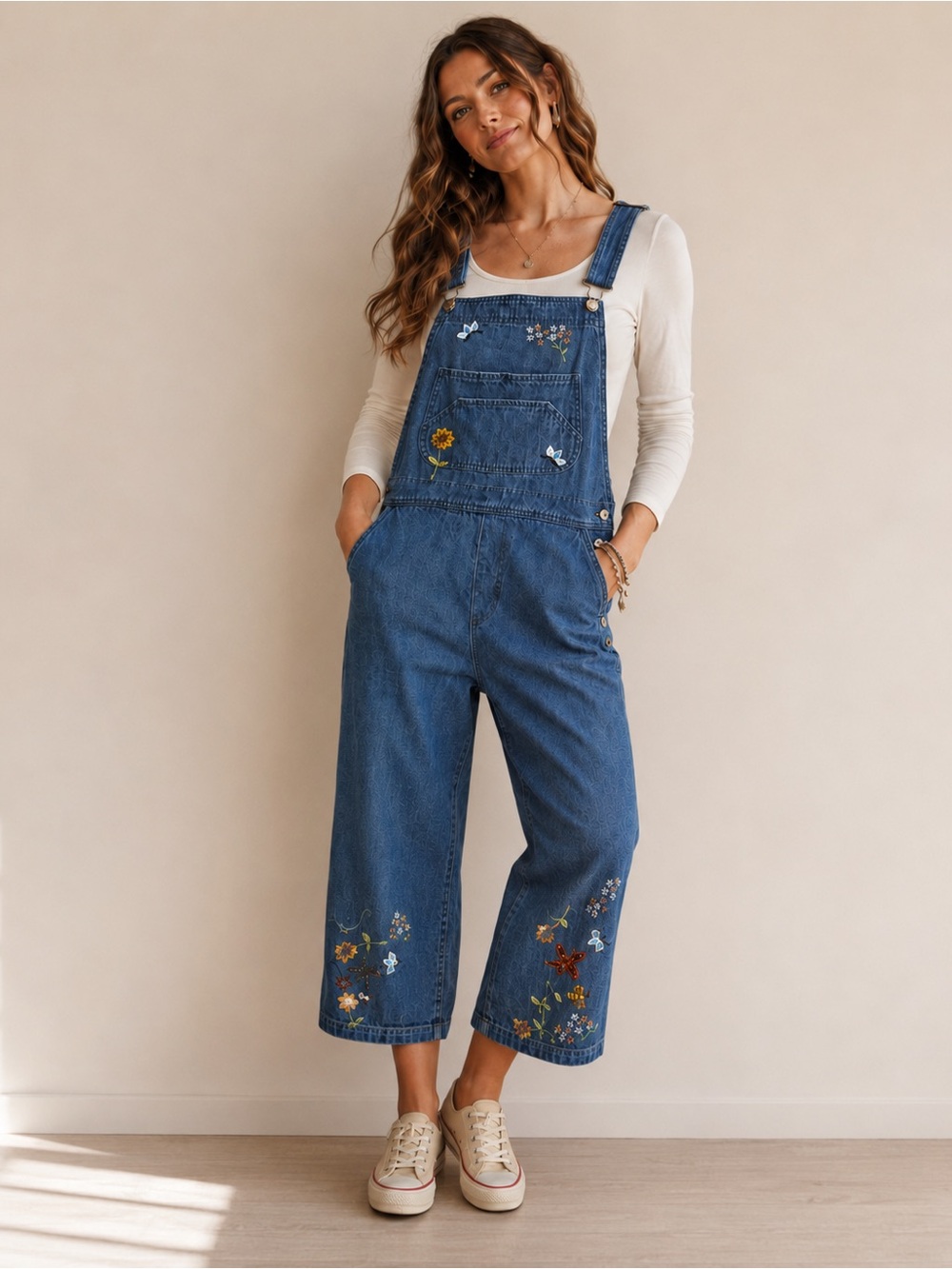 Y2K Agapo Embroidered Floral Garden Overalls Cottagecore Grandma Butterfly